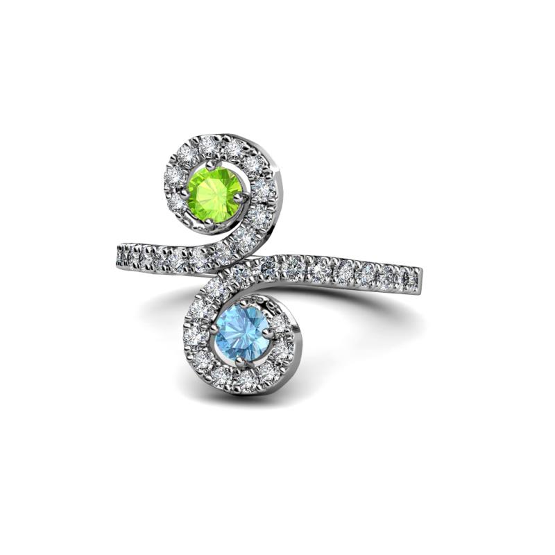 Raene Peridot and Blue Topaz with Side Diamonds Bypass Ring 