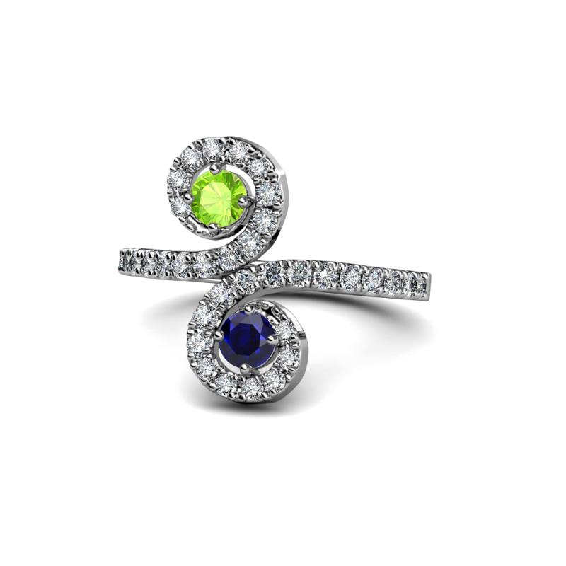 Raene Peridot and Blue Sapphire with Side Diamonds Bypass Ring 