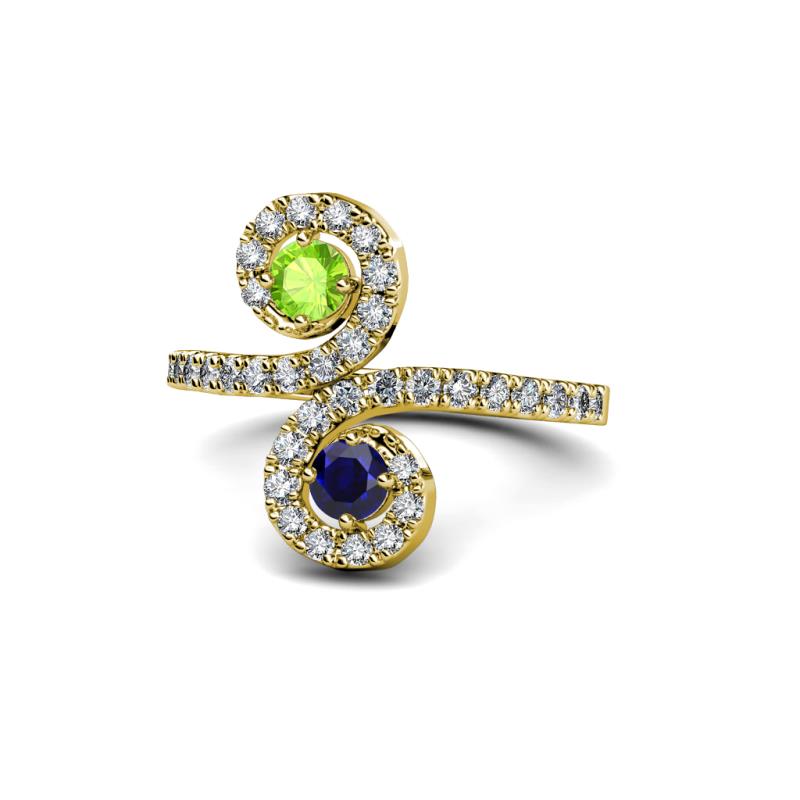 Raene Peridot and Blue Sapphire with Side Diamonds Bypass Ring 