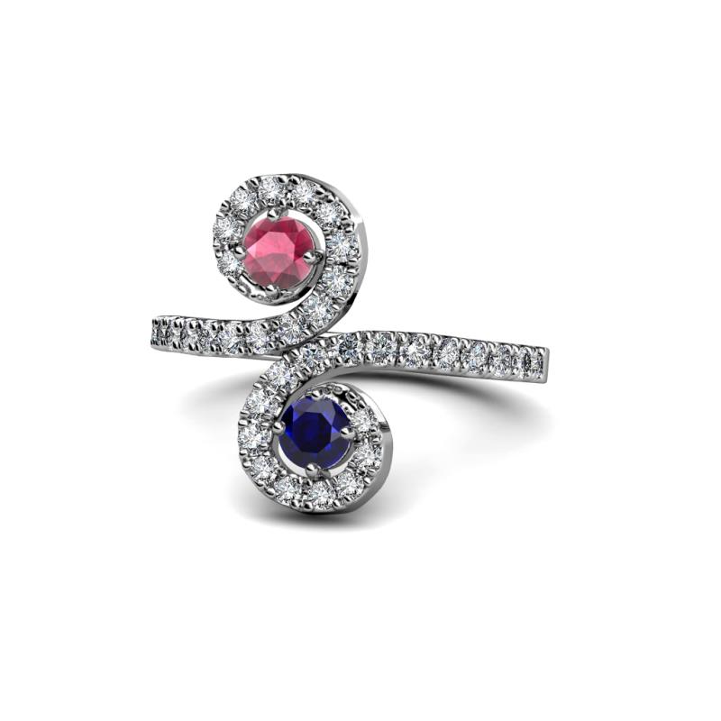 Raene Rhodolite Garnet and Blue Sapphire with Side Diamonds Bypass Ring 