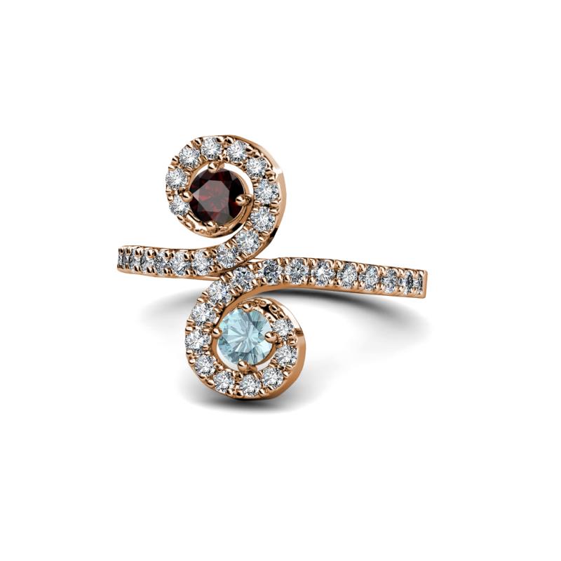 Raene Red Garnet and Aquamarine with Side Diamonds Bypass Ring 