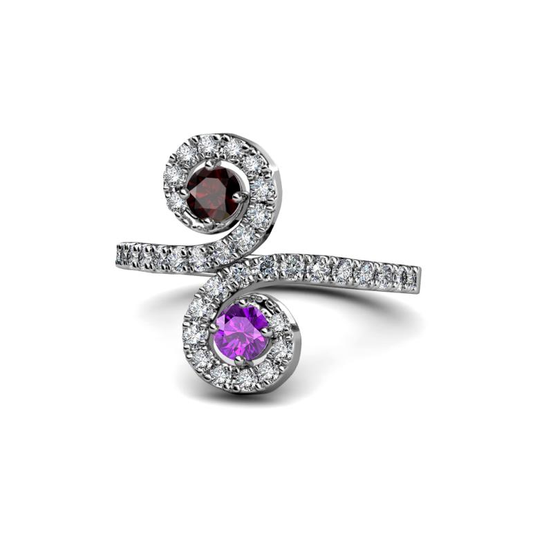 Raene Red Garnet and Amethyst with Side Diamonds Bypass Ring 