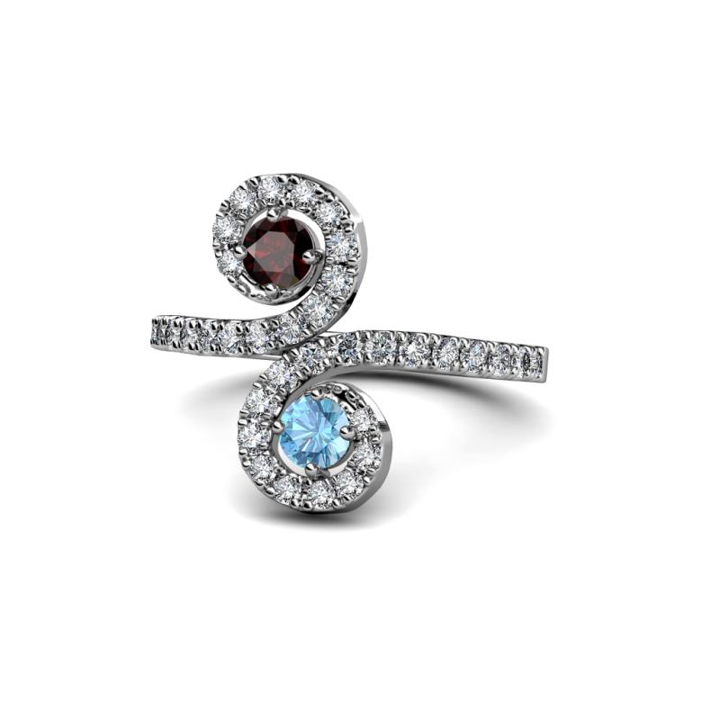 Raene Red Garnet and Blue Topaz with Side Diamonds Bypass Ring 