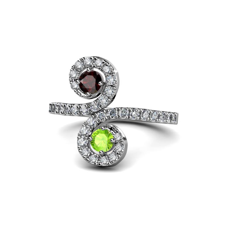 Raene Red Garnet and Peridot with Side Diamonds Bypass Ring 