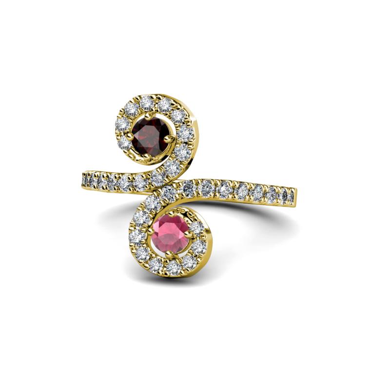 Raene Red and Rhodolite Garnet with Side Diamonds Bypass Ring 