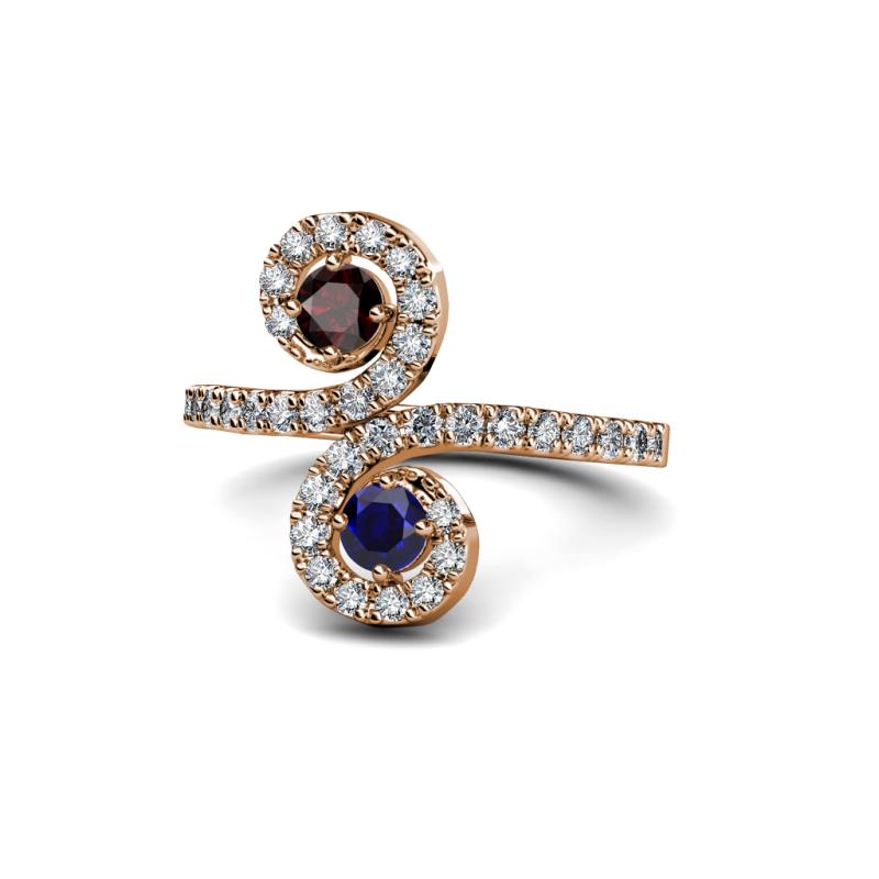 Raene Red Garnet and Blue Sapphire with Side Diamonds Bypass Ring 
