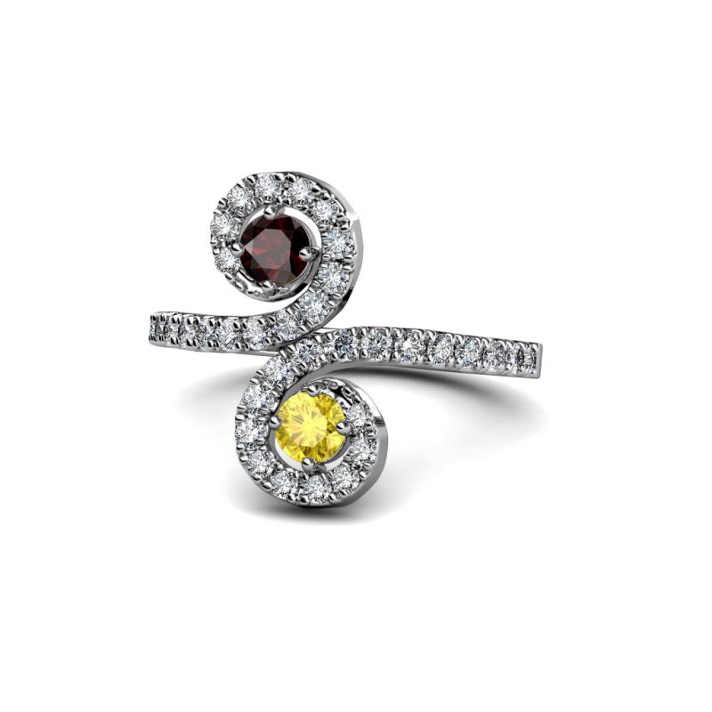 Raene Red Garnet and Yellow Sapphire with Side Diamonds Bypass Ring 