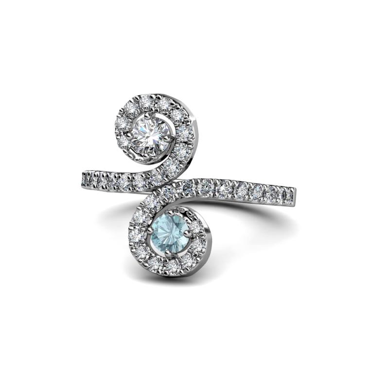 Raene Diamond and Aquamarine with Side Diamonds Bypass Ring 