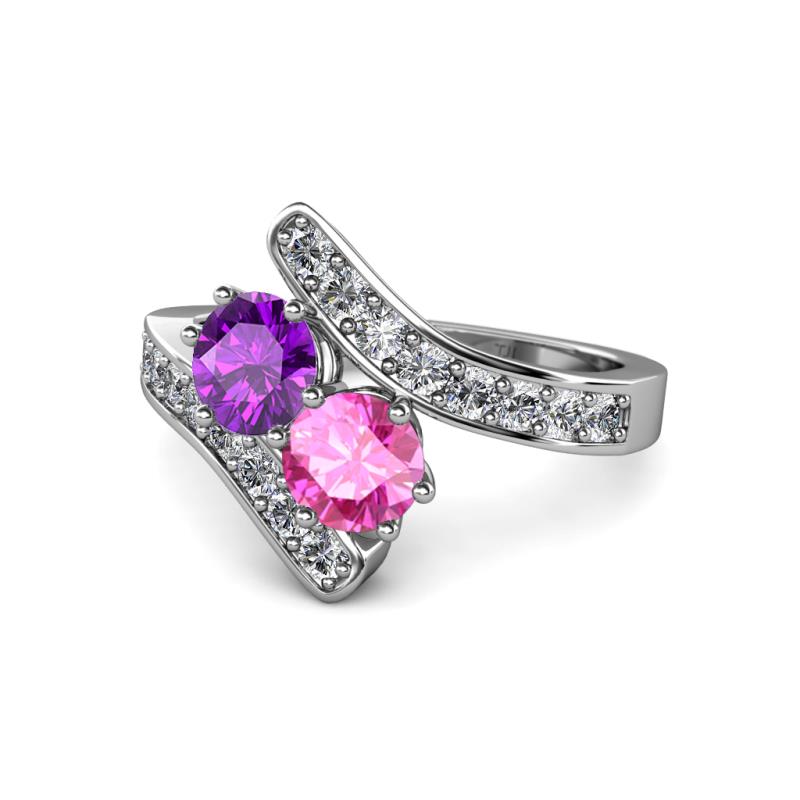 Eleni Blue Sapphire and Pink Tourmaline with Side Diamonds Bypass Ring 