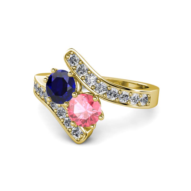 Eleni Blue Sapphire and Pink Tourmaline with Side Diamonds Bypass Ring 