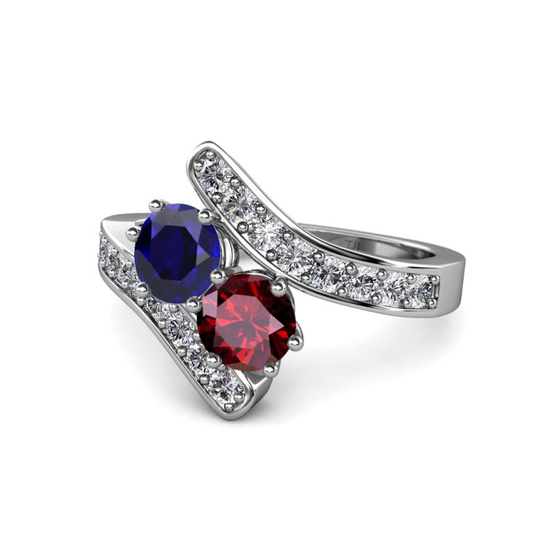 Eleni Blue Sapphire and Ruby with Side Diamonds Bypass Ring 