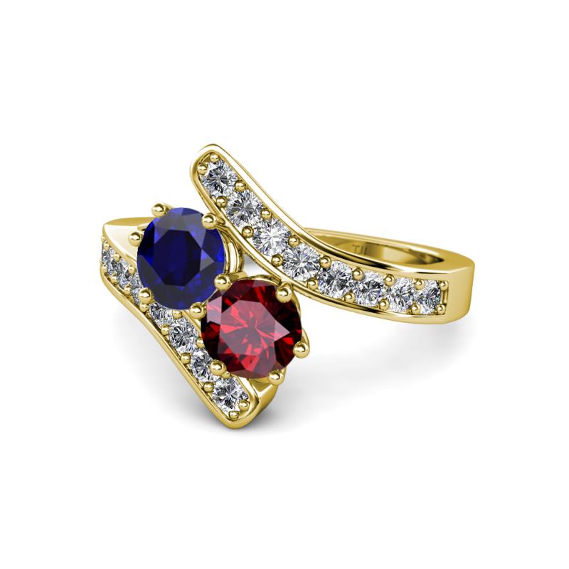 Eleni Blue Sapphire and Ruby with Side Diamonds Bypass Ring 