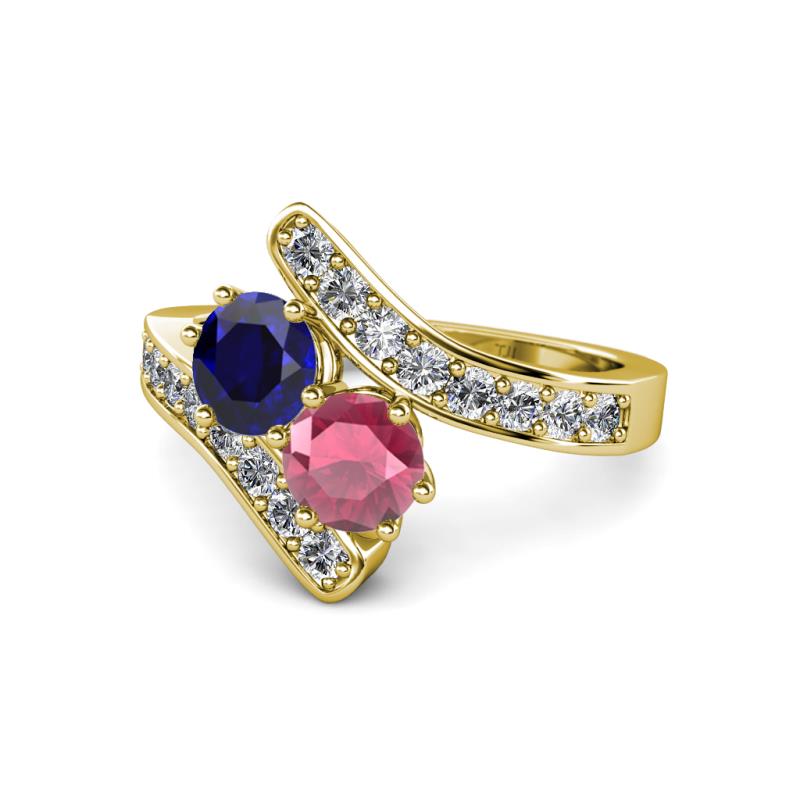 Eleni Blue Sapphire and Rhodolite Garnet with Side Diamonds Bypass Ring 