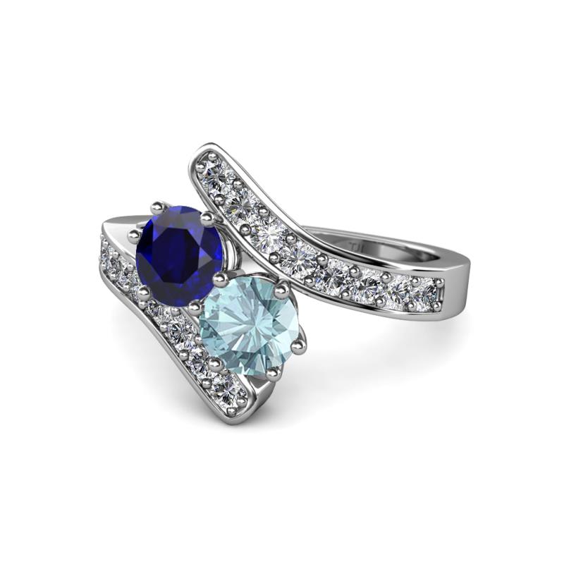 Eleni Blue Sapphire and Aquamarine with Side Diamonds Bypass Ring 