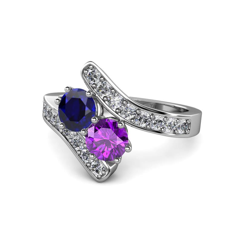 Eleni Blue Sapphire and Amethyst with Side Diamonds Bypass Ring 
