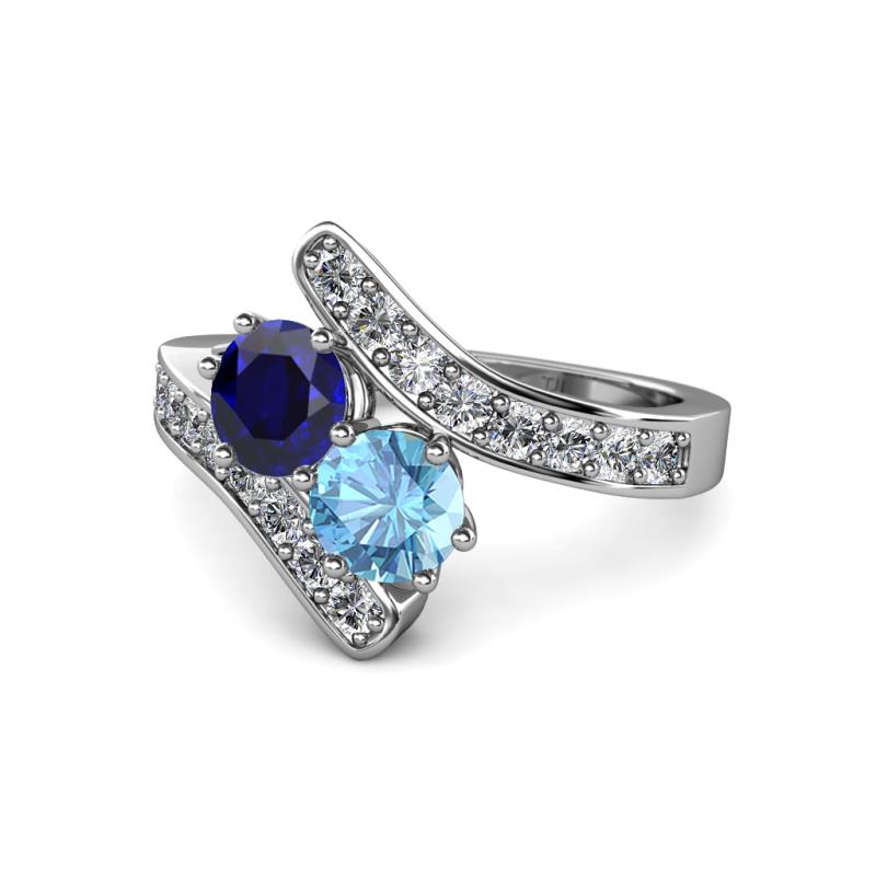 Eleni Blue Sapphire and Blue Topaz with Side Diamonds Bypass Ring 
