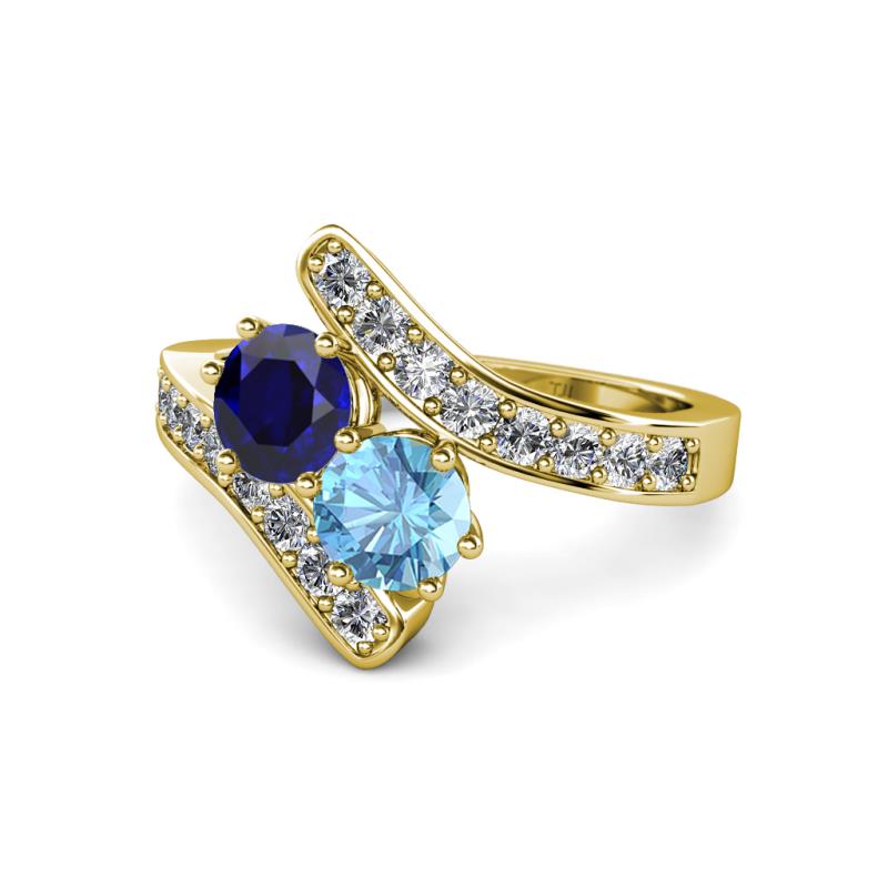 Eleni Blue Sapphire and Blue Topaz with Side Diamonds Bypass Ring 