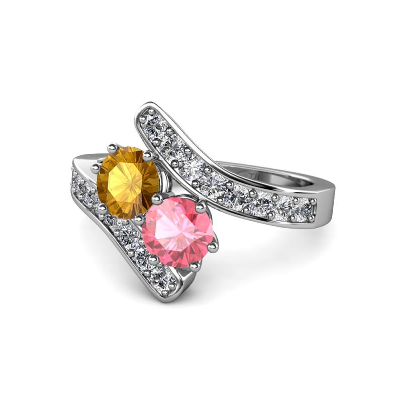 Eleni Citrine and Pink Tourmaline with Side Diamonds Bypass Ring 