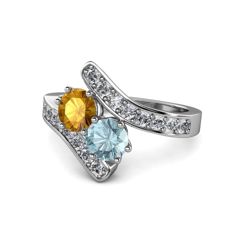 Eleni Citrine and Aquamarine with Side Diamonds Bypass Ring 