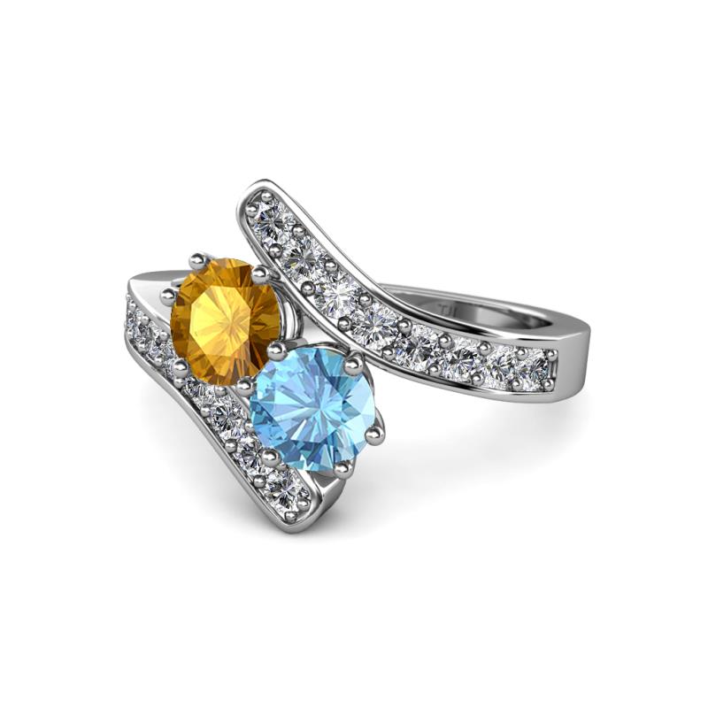 Eleni Citrine and Blue Topaz with Side Diamonds Bypass Ring 