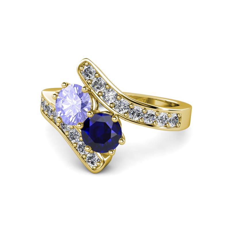 Eleni Tanzanite and Blue Sapphire with Side Diamonds Bypass Ring 