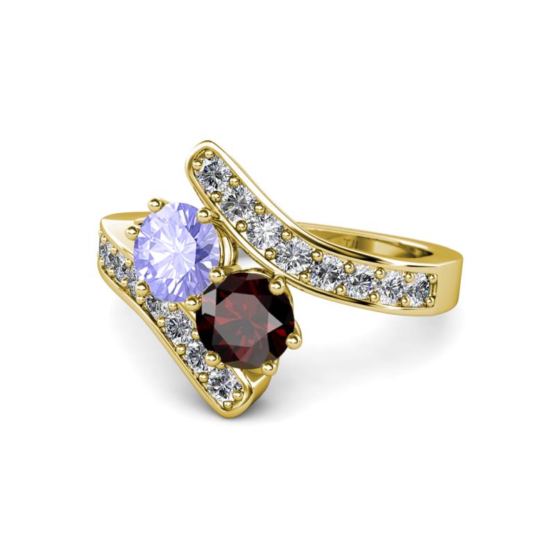 Eleni Tanzanite and Red Garnet with Side Diamonds Bypass Ring 