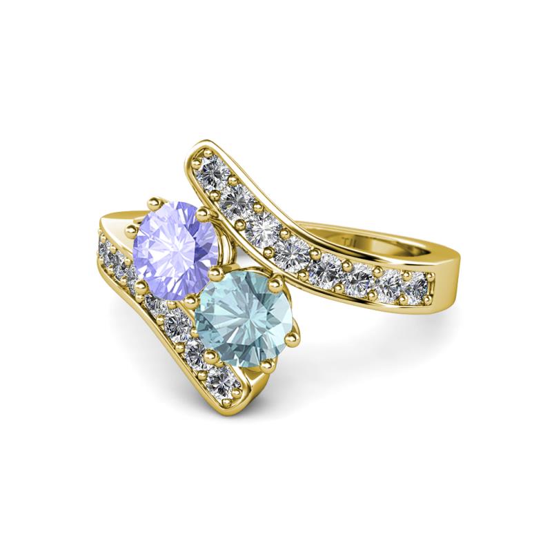 Eleni Tanzanite and Aquamarine with Side Diamonds Bypass Ring 