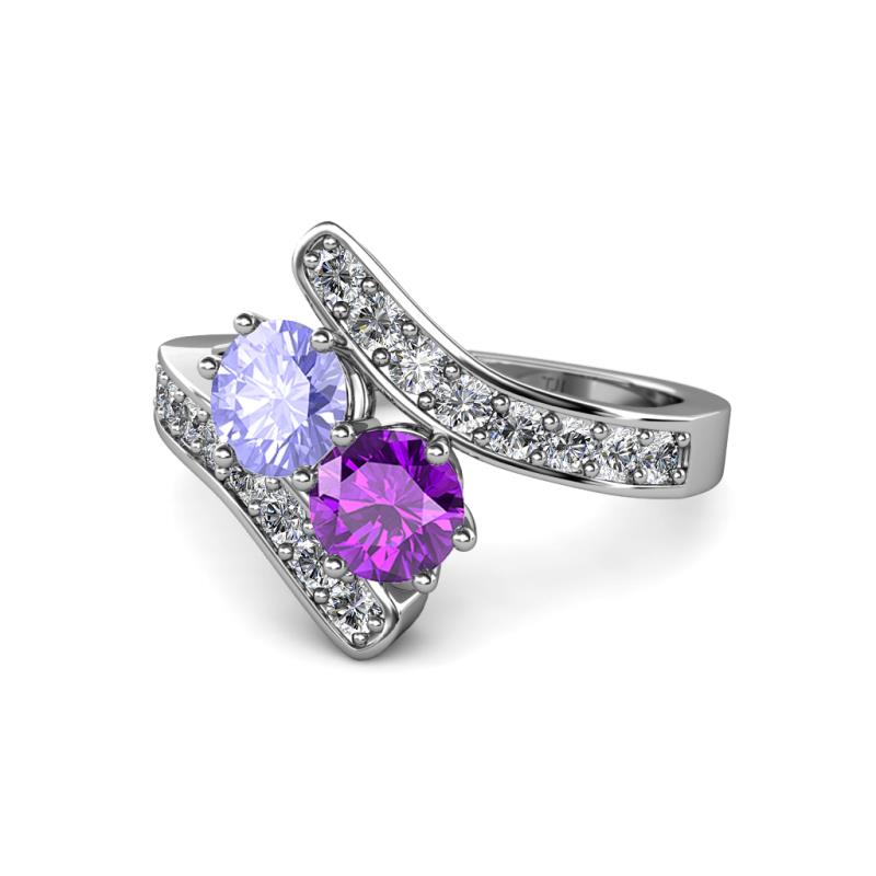 Eleni Tanzanite and Amethyst with Side Diamonds Bypass Ring 