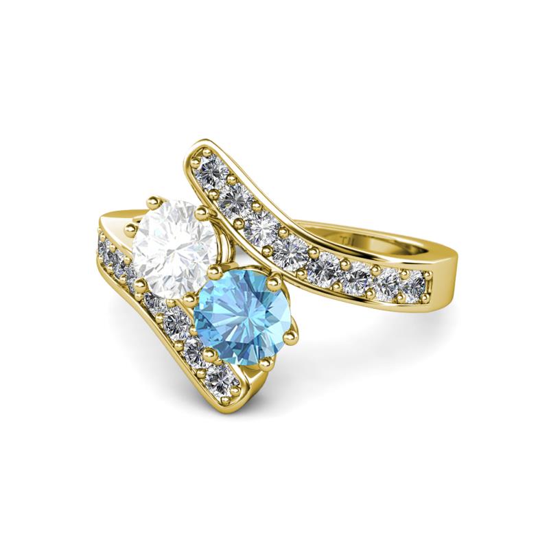 Eleni White Sapphire and Blue Topaz with Side Diamonds Bypass Ring 