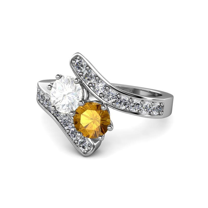 Eleni White Sapphire and Citrine with Side Diamonds Bypass Ring 
