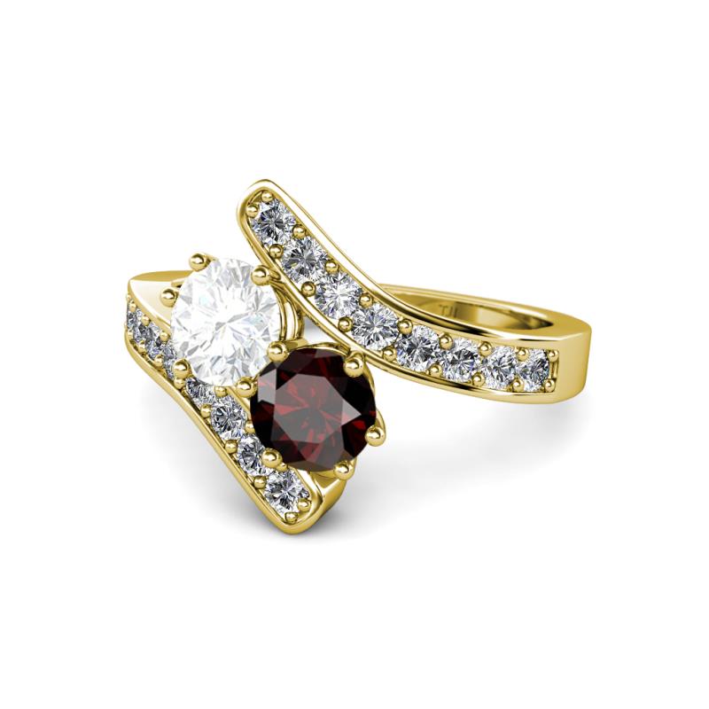 Eleni White Sapphire and Red Garnet with Side Diamonds Bypass Ring 