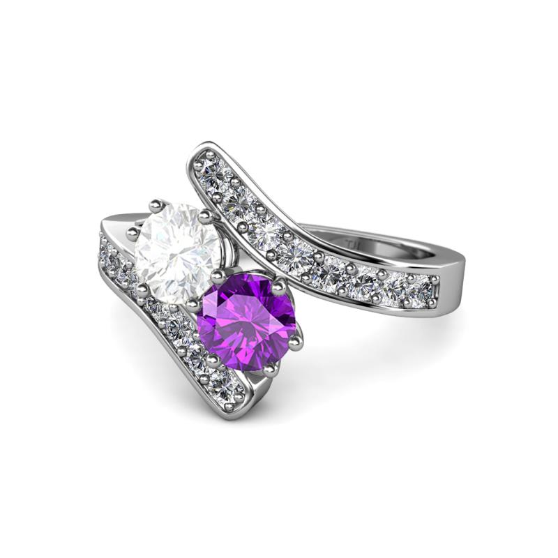 Eleni White Sapphire and Amethyst with Side Diamonds Bypass Ring 