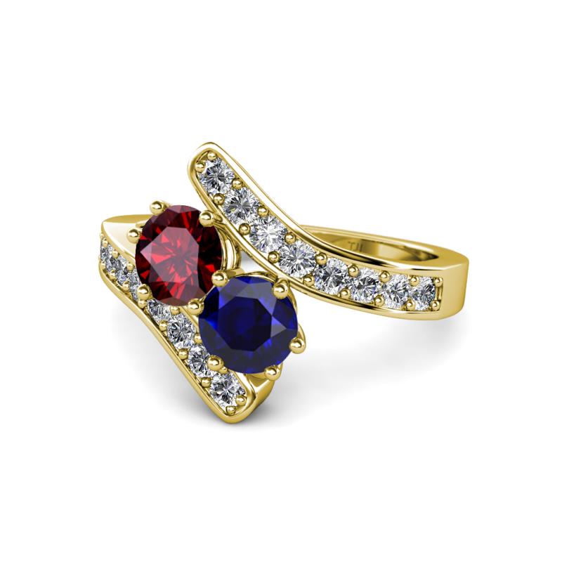 Eleni Ruby and Blue Sapphire with Side Diamonds Bypass Ring 