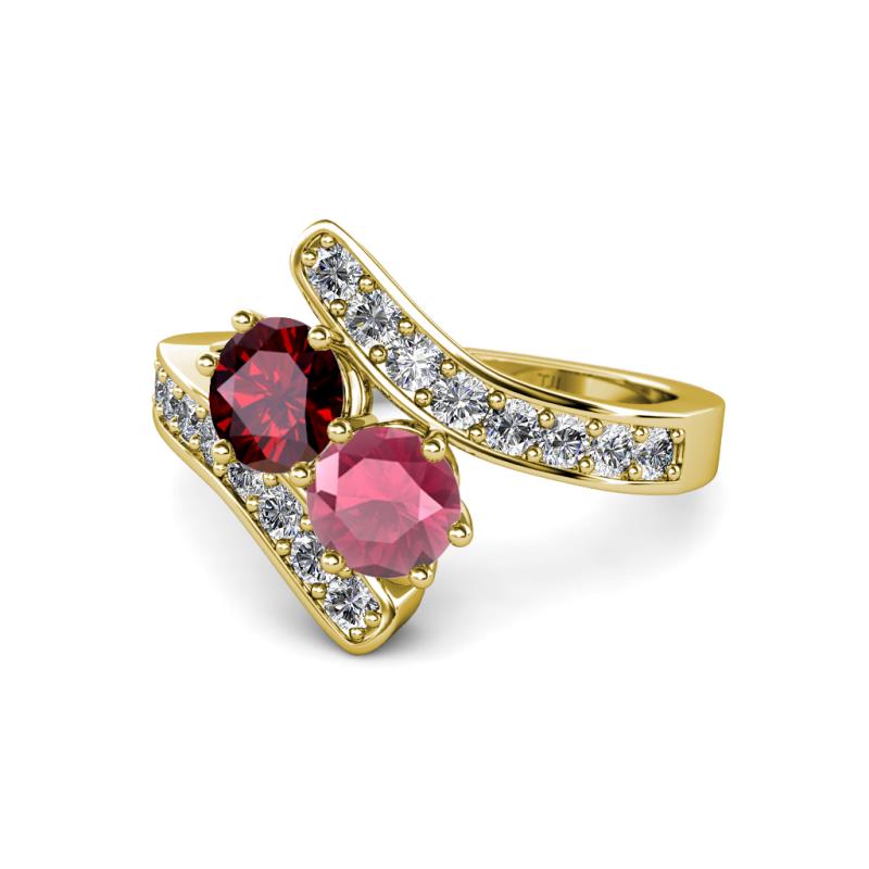 Eleni Ruby and Rhodolite Garnet with Side Diamonds Bypass Ring 
