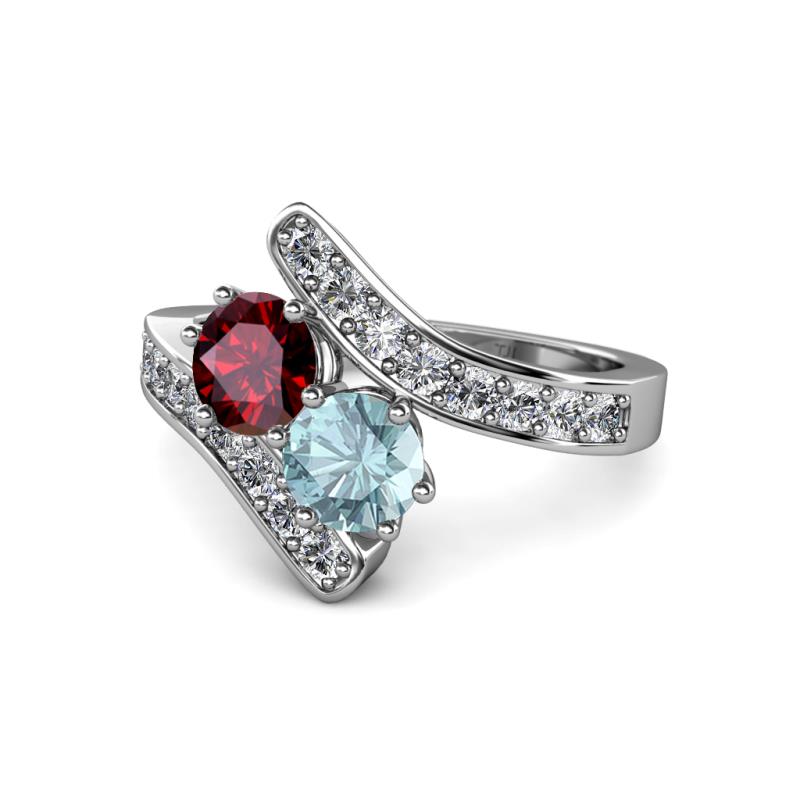 Eleni Ruby and Aquamarine with Side Diamonds Bypass Ring 