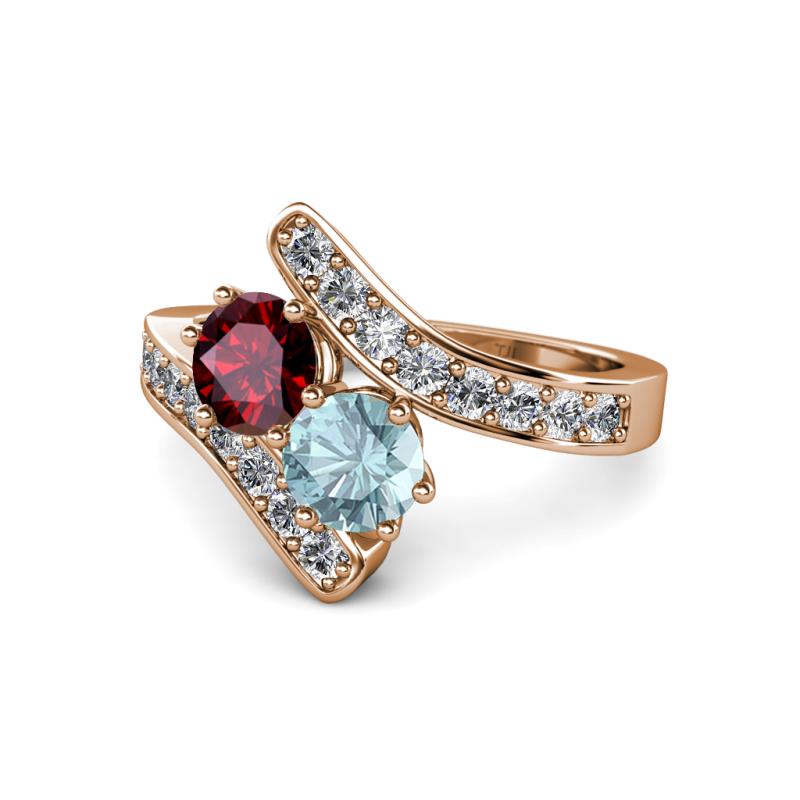 Eleni Ruby and Aquamarine with Side Diamonds Bypass Ring 