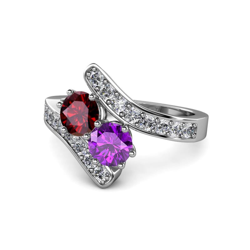 Eleni Ruby and Amethyst with Side Diamonds Bypass Ring 