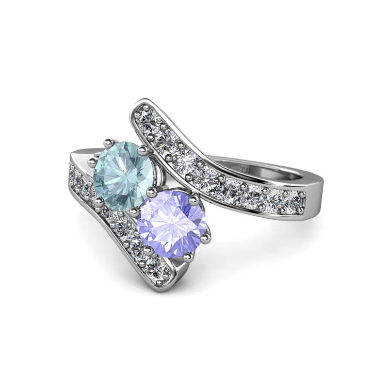 Eleni Aquamarine and Tanzanite with Side Diamonds Bypass Ring 