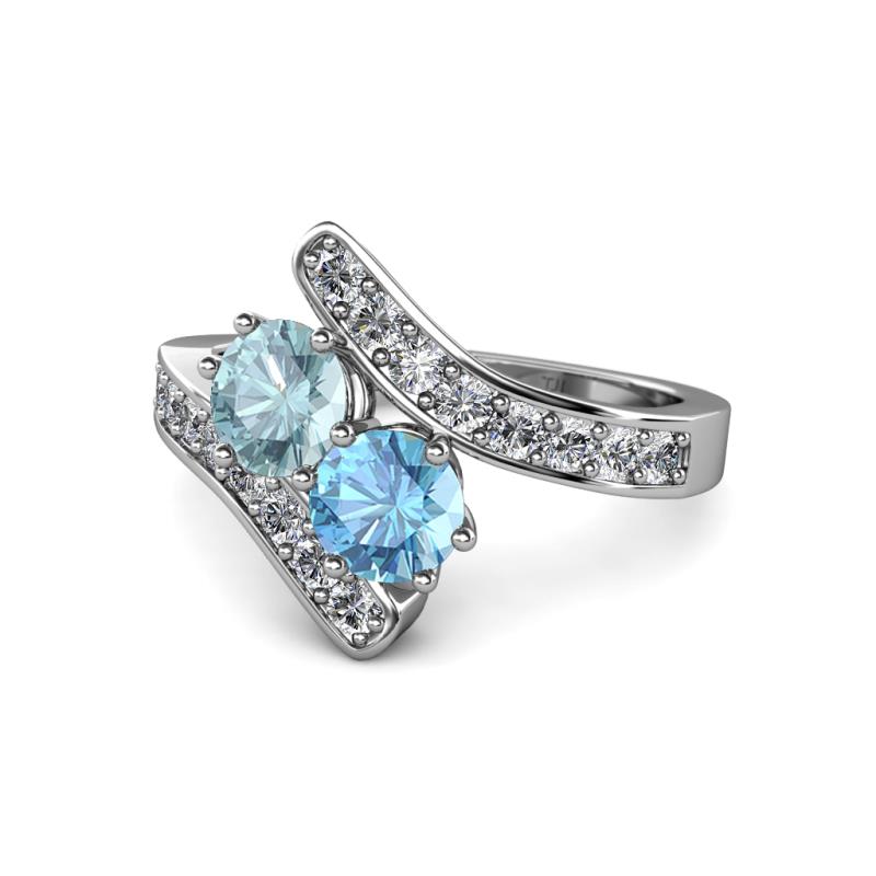 Eleni Aquamarine and Blue Topaz with Side Diamonds Bypass Ring 