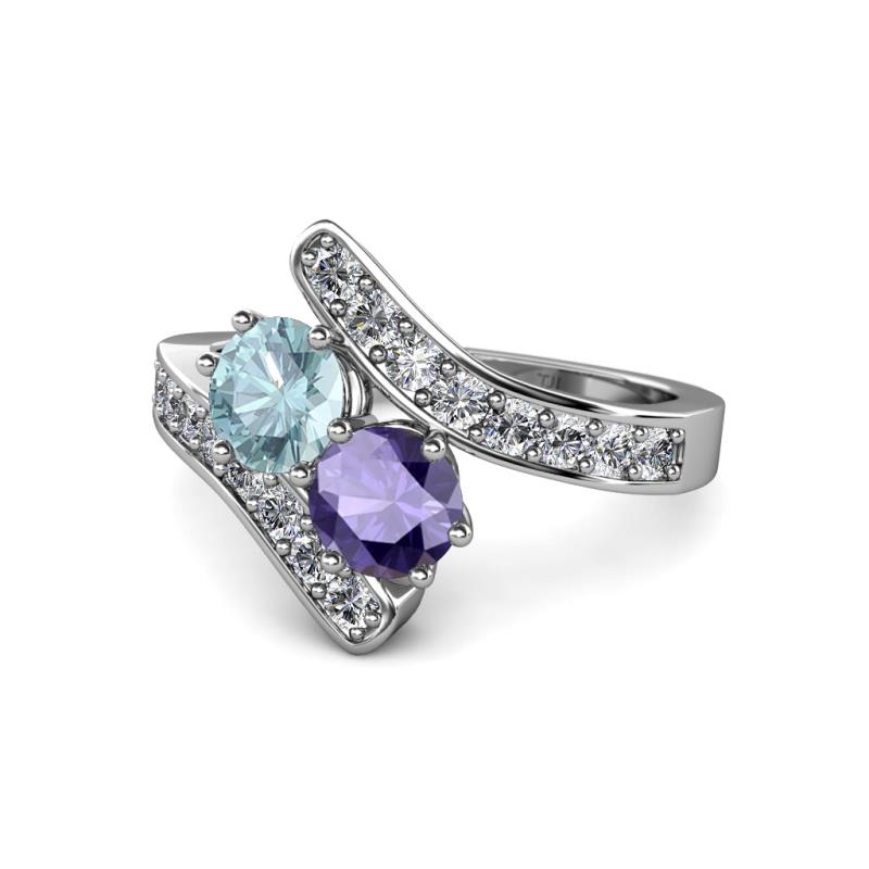 Eleni Aquamarine and Iolite with Side Diamonds Bypass Ring 