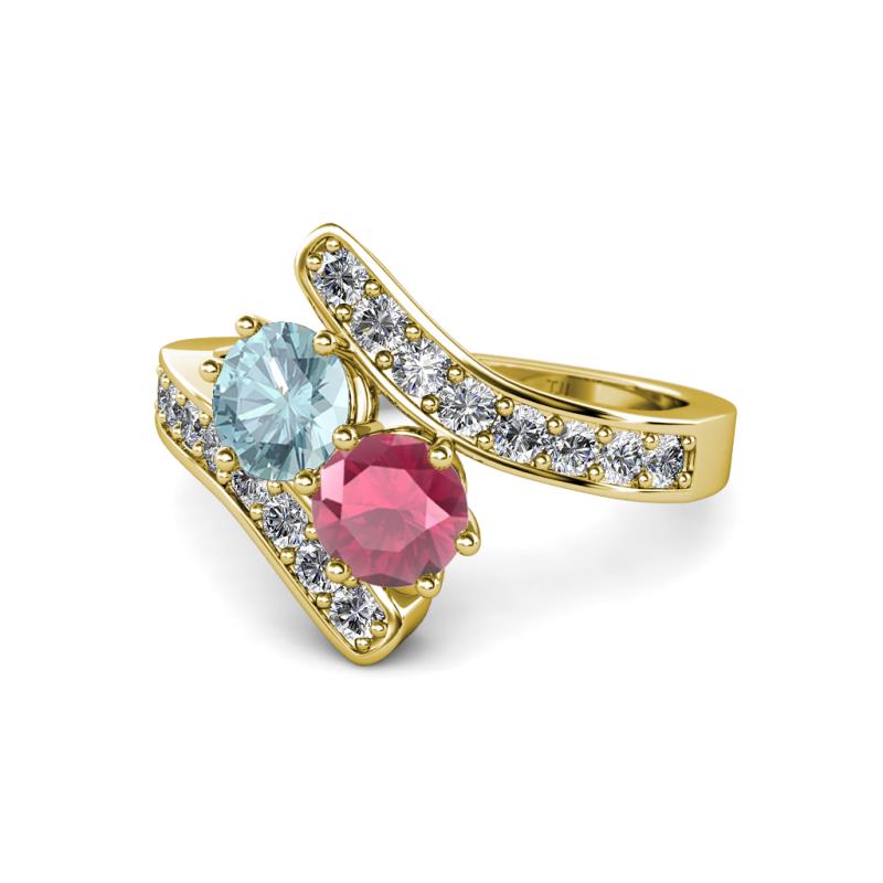 Eleni Aquamarine and Rhodolite Garnet with Side Diamonds Bypass Ring 