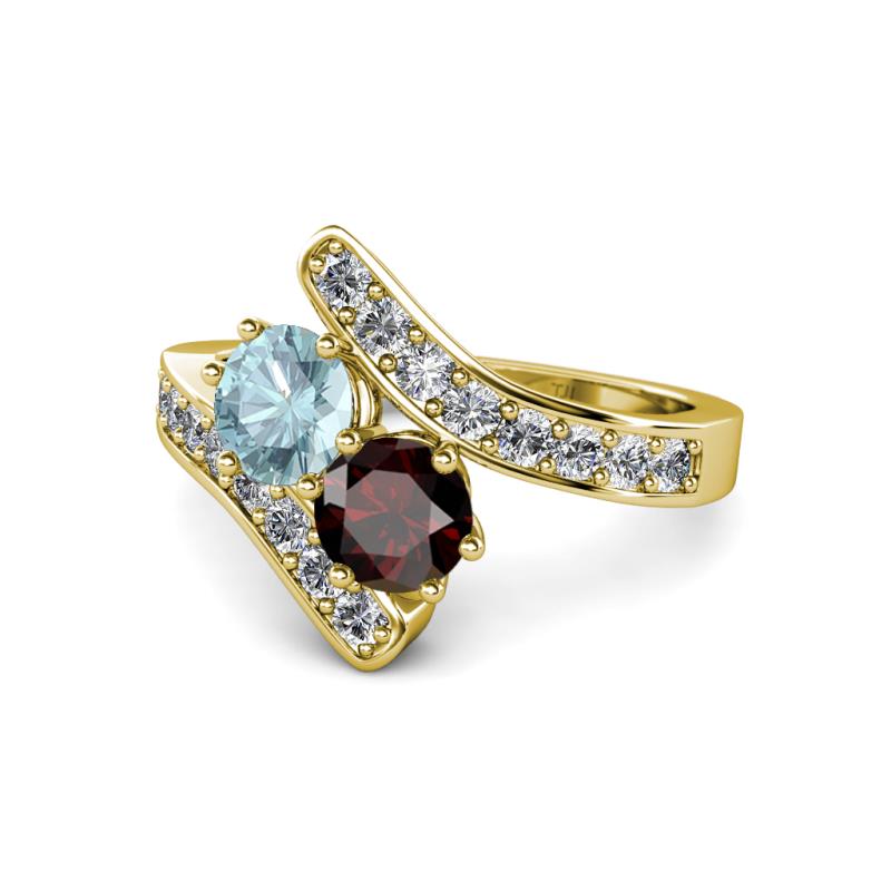 Eleni Aquamarine and Red Garnet with Side Diamonds Bypass Ring 