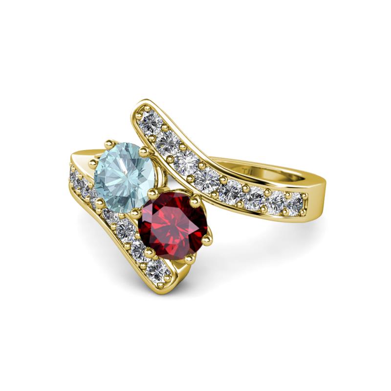 Eleni Aquamarine and Ruby with Side Diamonds Bypass Ring 