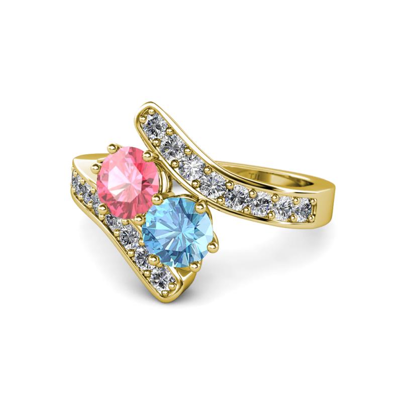 Eleni Pink Tourmaline and Blue Topaz with Side Diamonds Bypass Ring 