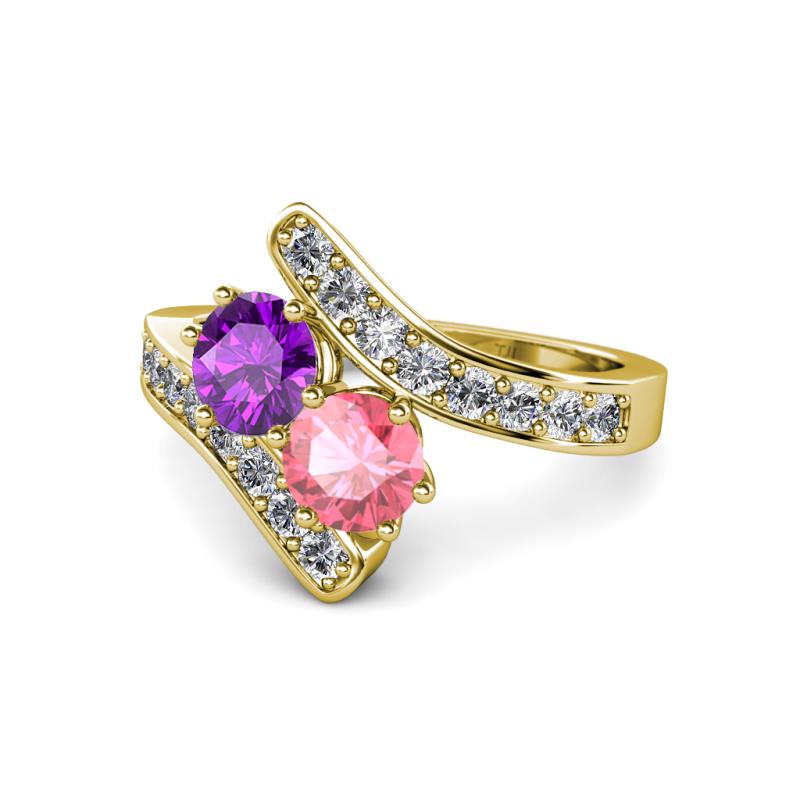 Eleni Amethyst and Pink Tourmaline with Side Diamonds Bypass Ring 