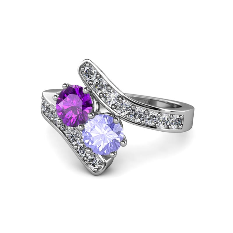 Eleni Amethyst and Tanzanite with Side Diamonds Bypass Ring 