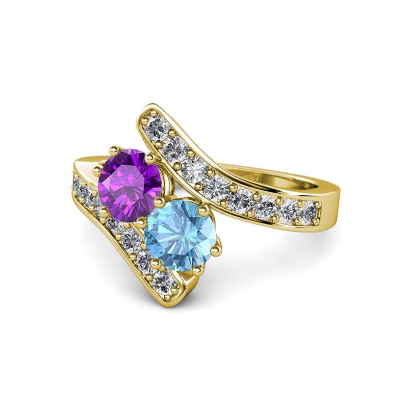 Eleni Amethyst and Blue Topaz with Side Diamonds Bypass Ring 