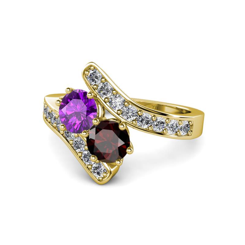 Eleni Amethyst and Red Garnet with Side Diamonds Bypass Ring 