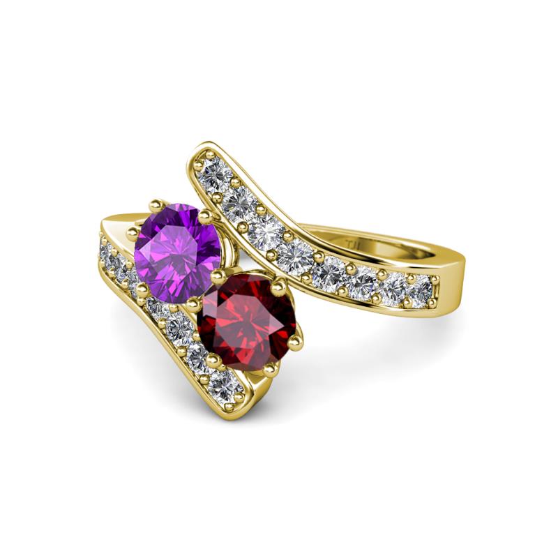 Eleni Amethyst and Ruby with Side Diamonds Bypass Ring 