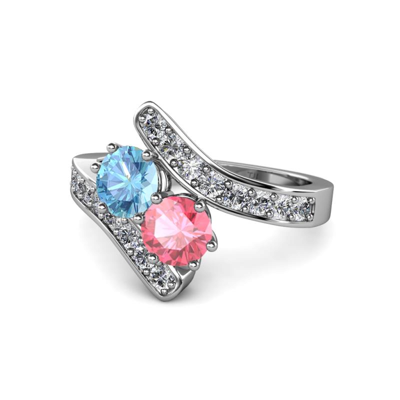 Eleni Blue Topaz and Pink Tourmaline with Side Diamonds Bypass Ring 